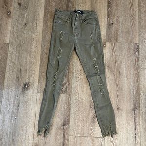 Distressed, olive color, Express jeans